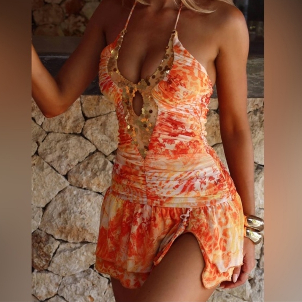 Outcast Mutia Mini Dress Calile Orange sz XL - Picture 3 of 11